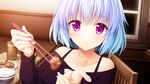  11gatsu_no_arcadia blue_hair drink food game_cg hatori_airu hayakawa_harui purple_eyes short_hair 