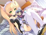  animal_ears ass bed blonde_hair bow choker dress elin emily garter gloves green_eyes headdress lolita_fashion long_hair teddy_bear tera_online thighhighs 