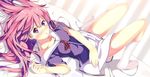  bed blush fuyuumi_ai long_hair ore_no_kanojo_to_osananajimi_ga_shuraba_sugiru pink_hair purple_eyes ruroo stockings 