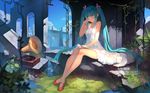  aqua_eyes aqua_hair book building dress flowers grass hatsune_miku instrument leaves long_hair music ribbons summer_dress twintails vocaloid yykuaixian 