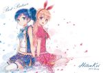  aikatsu! blonde_hair blue_hair headband hiten_goane_ryu hoshimiya_ichigo jpeg_artifacts kiriya_aoi long_hair petals ponytail signed skirt thighhighs water wristwear 