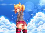  animal_ears ass blonde_hair clouds fast-runner-2024 foxgirl nova original panties petals pink_eyes short_hair skirt striped_panties thighhighs underwear upskirt 