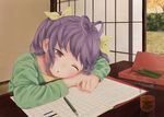  drink miyauchi_renge non_non_biyori paper papi_(papiron100) ponytail purple_eyes purple_hair realistic tree wink 