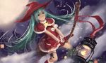  aqua_eyes aqua_hair blue_eyes blue_hair christmas hat hatsune_miku long_hair newnand night santa_costume snow stars twintails vocaloid witch_hat 