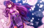  butterfly cherry_blossoms jpeg_artifacts katori_(pso2) long_hair moon phantasy_star_online_2 pointed_ears purple_hair red_eyes tree 