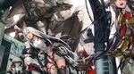  armor black_hair chain dragon dress group long_hair pixiv_fantasia pointed_ears ponytail red_eyes sword thighhighs weapon white_hair zhouran 