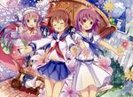  blue_eyes bow brown_hair building feathers flowers haramura_nodoka headdress kobayashi_ritz long_hair miyanaga_saki petals pink_hair purple_hair rainbow red_eyes ribbons saki scan seifuku short_hair skirt thighhighs wings 