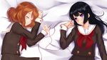  2girls bed black_hair hibike!_euphonium kousaka_reina long_hair mizuki_ame orange_hair oumae_kumiko purple_eyes seifuku sleeping 