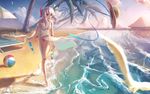  animal beach bikini bird clouds hat hiiragi_shinoa jpeg_artifacts owari_no_seraph pink_hair red_eyes see_through shon signed swimsuit tree water 