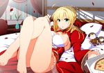  barefoot bed blonde_hair blush breasts fate/extra fate/stay_night food green_eyes nopan petals saber_extra uniform vane 