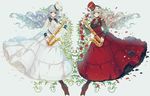  2girls blonde_hair blue_eyes blue_hair choker cross dress flowers hat instrument lolita_fashion long_hair miemia original petals red_eyes rose 