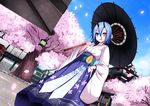  bicolored_eyes blue_hair building cherry_blossoms horns io_(phantasy_star) japanese_clothes kimono petals phantasy_star_online_2 short_hair sukage tree umbrella 