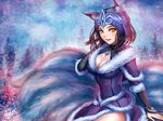  ahri_(league_of_legends) animal_ears blue blue_hair breasts chanseven cleavage foxgirl league_of_legends multiple_tails signed tail tiara tree yellow_eyes 