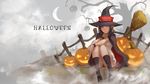  choker halloween hat kneehighs moon original pumpkin purple_eyes san_m skirt tree witch witch_hat wristwear 