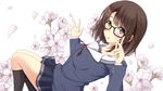  blush brown_hair flowers glasses katou_megumi kneehighs minatsuki_nao saenai_heroine_no_sodatekata seifuku short_hair skirt white 