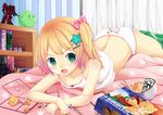  bed blonde_hair bow fang food green_eyes original panties sakuraba_hikaru_(loveindog) teddy_bear underwear 