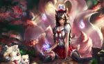  ahri_(league_of_legends) animal animal_ears bell brown_hair cherry_blossoms fox foxgirl indiron league_of_legends magic multiple_tails skirt tail thighhighs yellow_eyes 