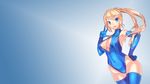  blonde_hair blue blue_eyes blush breasts cleavage elbow_gloves gradient long_hair metroid ponytail samus_aran swimsuit thighhighs yukimura_tsubame 