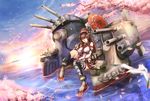  anchor bird black_legwear breasts brown_eyes brown_hair cannon cherry_blossoms commentary_request detached_sleeves flower hair_flower hair_ornament headgear highres kantai_collection large_breasts long_hair looking_at_viewer machinery miniskirt oriental_umbrella partially_submerged petals ponytail remodel_(kantai_collection) single_thighhigh sitting_on_water skirt smile solo thighhighs turret umbrella untsue very_long_hair yamato_(kantai_collection) 