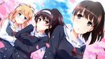  black_hair blonde_hair blush brown_eyes brown_hair cherry_blossoms headband kasumigaoka_utaha katou_megumi long_hair petals ponytail red_eyes saenai_heroine_no_sodatekata sakura_(k_tonpu) sawamura_spencer_eriri seifuku short_hair 