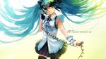  blue_eyes blue_hair gradient hatsune_miku junefeier_(artist) long_hair phone skirt thighhighs vocaloid watermark wristwear 