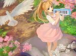  animal bird blonde_hair blue_eyes cherry_blossoms dress grass instrument kenbou long_hair miyazono_kawori ponytail shigatsu_wa_kimi_no_uso 
