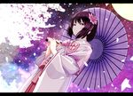  black_hair japanese_clothes oshiro_project petals short_hair tsukumo umbrella 