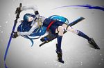  armor blue_hair boots gloves gradient headdress kneehighs long_hair original skirt sword uniform weapon yucca-612 