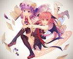  2girls book boots demon dress feathers hat koakuma long_hair mage magic niwashi_(yuyu) paper patchouli_knowledge purple_eyes purple_hair red_eyes red_hair skirt thighhighs touhou wings 