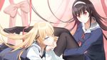  2girls black_hair blonde_hair blue_eyes headband kasumigaoka_utaha long_hair panda_(pandadesu) pantyhose red_eyes saenai_heroine_no_sodatekata sawamura_spencer_eriri seifuku twintails 