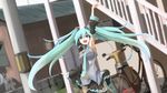  aqua_hair bicycle building fushichou hatsune_miku long_hair motorcycle skirt stairs thighhighs tie twintails vocaloid 