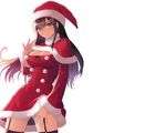  breasts brown_hair christmas cleavage dress hat long_hair original santa_costume santa_hat skirt skirt_lift stockings taka_tony thighhighs white 