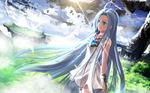  blue_eyes blue_hair choker clouds dress garter gloves granblue_fantasy kouji_(astral_reverie) long_hair scenic 