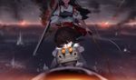  2girls akagi_(kancolle) bow_(weapon) brown_eyes brown_hair fire fubuki_(kancolle) kantai_collection long_hair seifuku short_hair sola7764 water weapon 