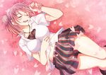  akino_sora navel petals pink seifuku short_hair skirt sleeping wristwear yahari_ore_no_seishun_love_come_wa_machigatteiru. yuigahama_yui 