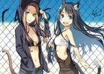  2girls animal_ears black_hair blue_eyes breasts brown_hair catgirl cleavage fang green_eyes kimura_(ykimu) long_hair navel original tail 