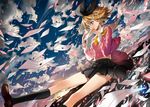  blonde_hair blue_eyes clouds kagamine_rin kneehighs paper short_hair skirt tears tibino vocaloid 