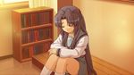  asakura_ryouko blue_hair book game_cg kneehighs long_hair seifuku suzumiya_haruhi_no_tsuisou suzumiya_haruhi_no_yuutsu 