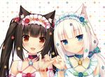  2girls animal_ears bell black_hair blue_eyes brown_eyes catgirl chocola_(sayori) choker flowers headdress nekopara sayori scan vanilla_(sayori) white_hair wristwear 