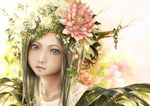  blue_eyes bouno_satoshi flowers green_hair headdress horns leaves long_hair original realistic rose 