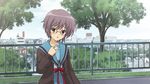  blush brown_eyes building city game_cg glasses nagato_yuki purple_hair seifuku short_hair suzumiya_haruhi_no_tsuisou suzumiya_haruhi_no_yuutsu tree 