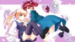  2girls blonde_hair blue_eyes blush book dress hashima_izumi kneehighs long_hair mizuki_ame paper purple_eyes red_hair saenai_heroine_no_sodatekata sawamura_spencer_eriri seifuku skirt thighhighs twintails 