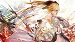  armor blonde_hair blue_eyes dress fate/stay_night fate/unlimited_codes jpeg_artifacts long_hair saber saber_lily sixingcao sword weapon 
