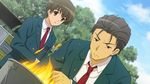  all_male brown_eyes brown_hair fire game_cg kunikida male seifuku short_hair suzumiya_haruhi_no_tsuisou suzumiya_haruhi_no_yuutsu taniguchi tie tree 