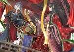  2girls animal black_hair braids chama_(painter) gray_eyes gray_hair hat houraisan_kaguya japanese_clothes kimono long_hair rabbit red_eyes sword touhou umbrella weapon yagokoro_eirin 