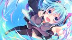  aqua_hair blue_eyes hatsune_miku headphones kuroi_(liar-player) sky thighhighs vocaloid 