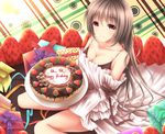  breasts brown_eyes brown_hair cake cleavage dress fruit long_hair original strawberry wsman 