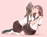  2girls black_hair blush brown_hair kiss long_hair original pink rima_(rimarip) seifuku skirt socks yuri 