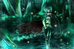  animal_ears aqua_eyes aqua_hair cape chama_(painter) forest green short_hair touhou tree water wriggle_nightbug 