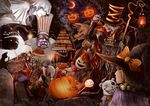  animal animal_ears bandage blonde_hair bow braids cake candy cat chama_(painter) drink glasses gray_hair green_eyes group halloween hat instrument lollipop male moon original pumpkin purple_hair scar skull staff teddy_bear tree violin witch_hat 